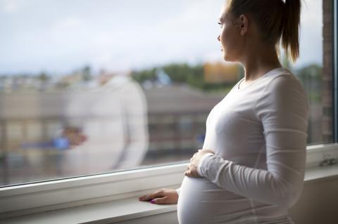 pregnant woman looking out window and holding stomach